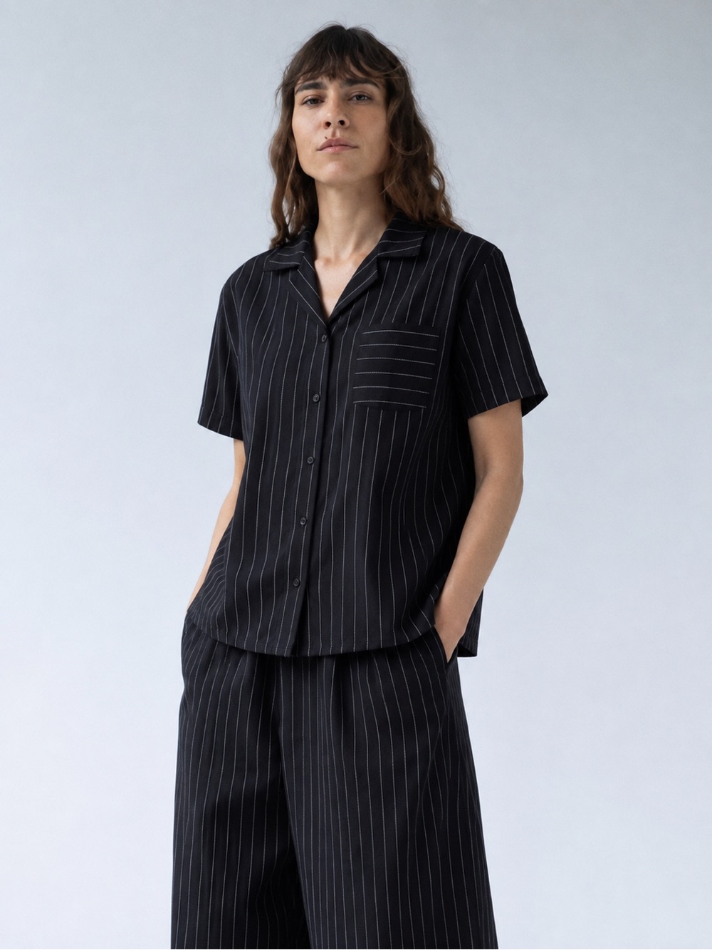 Shaina Mote Black White Pinstripe Shirt